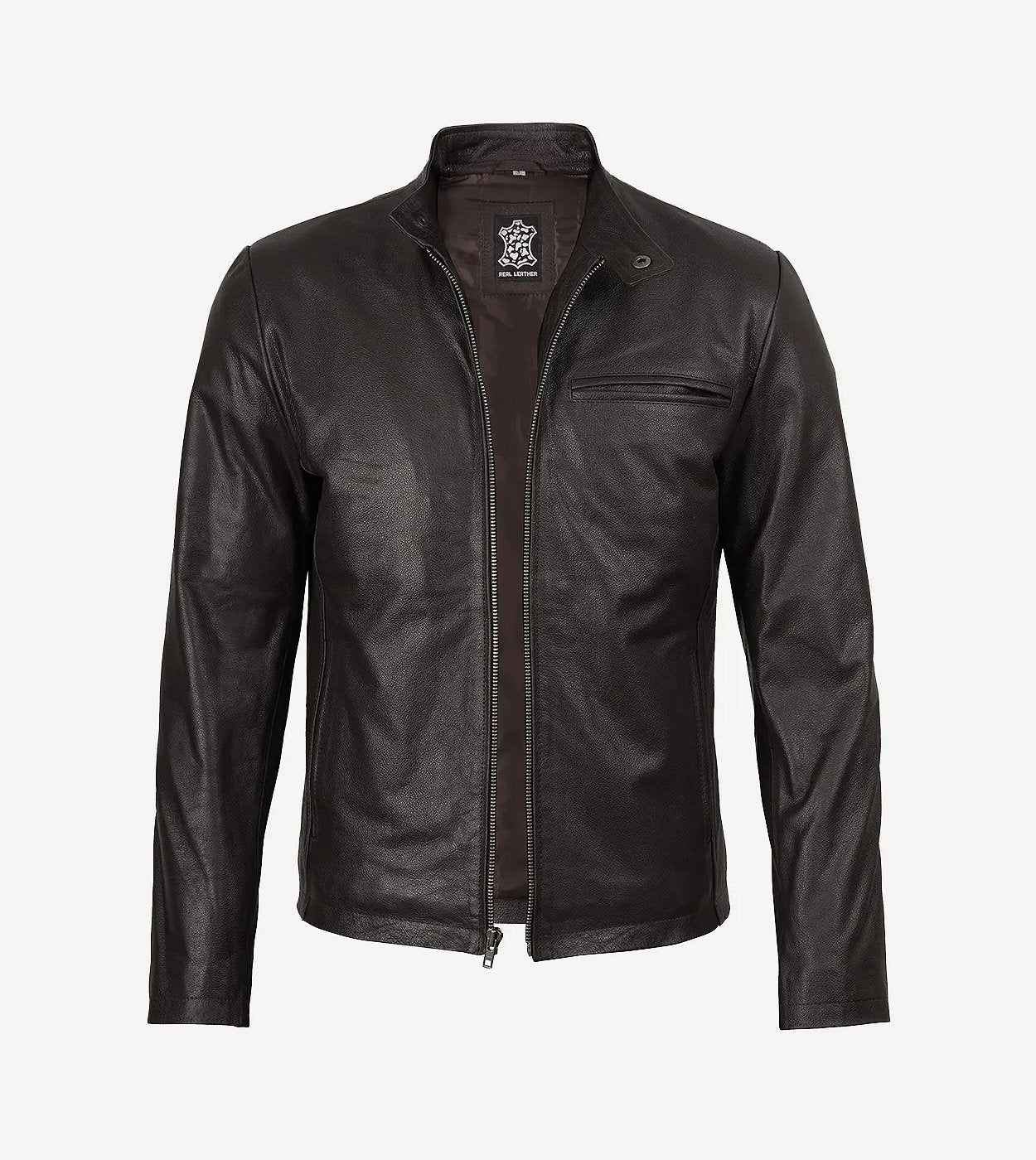Mens Dark Brown Premium Cowhide Leather Cafe Racer Jacket