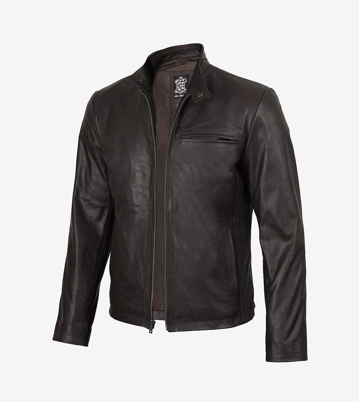 Mens Dark Brown Premium Cowhide Leather Cafe Racer Jacket