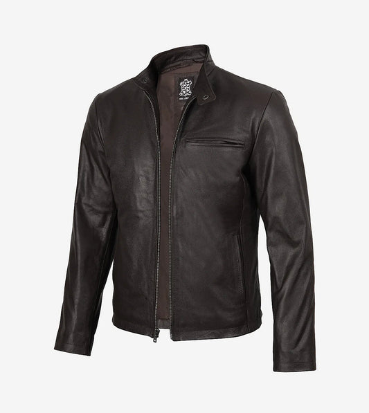 Mens Dark Brown Premium Cowhide Leather Cafe Racer Jacket