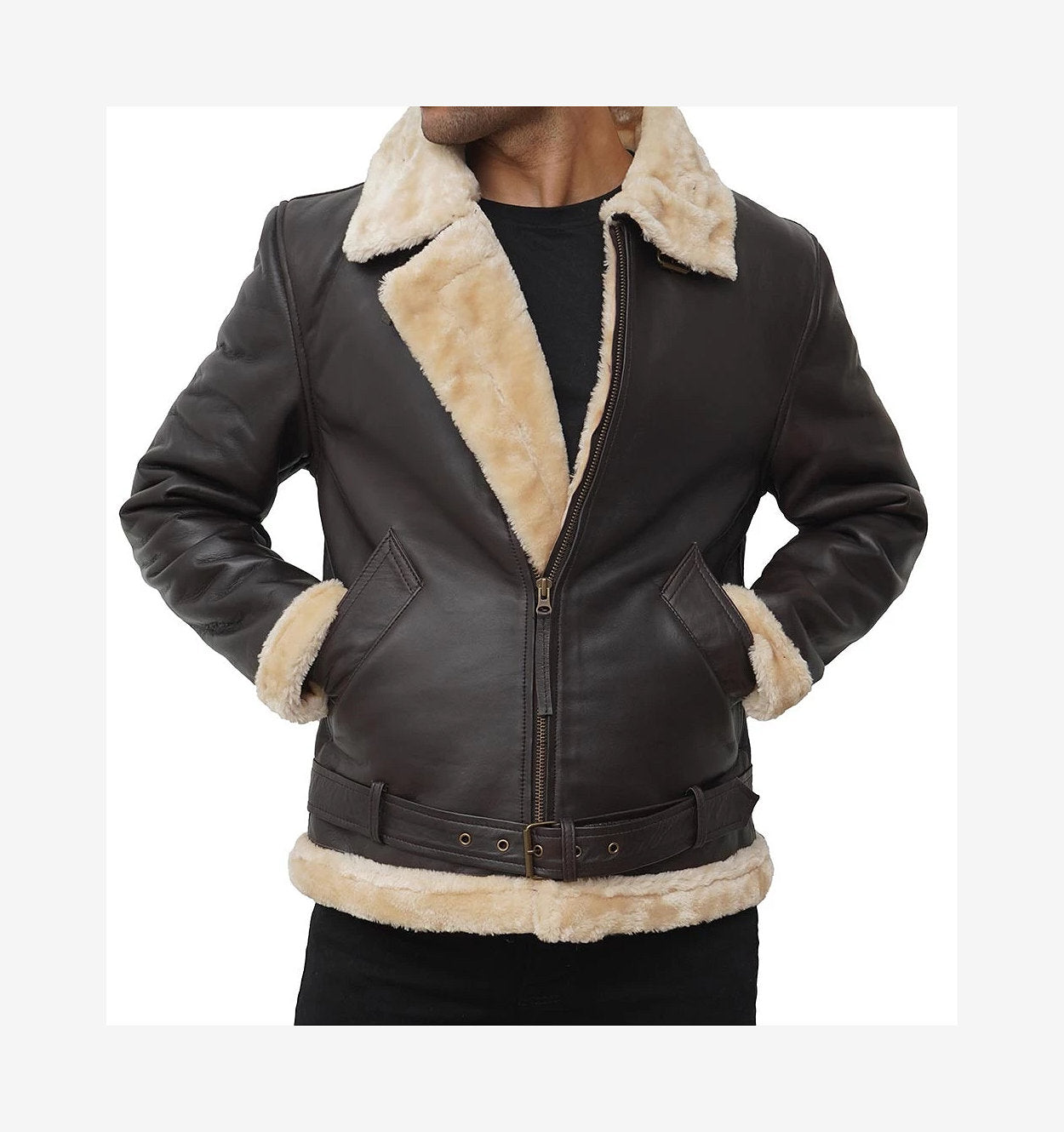 Mens Dark Brown Shearling Leather Bomber Jacket