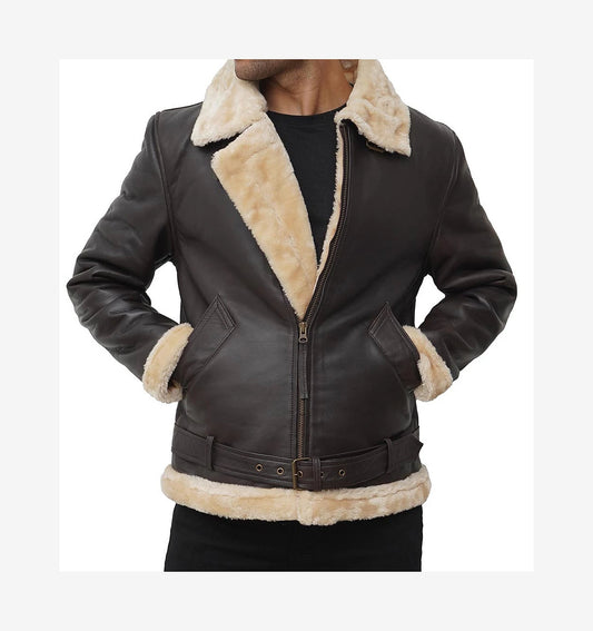 Mens Dark Brown Shearling Leather Bomber Jacket