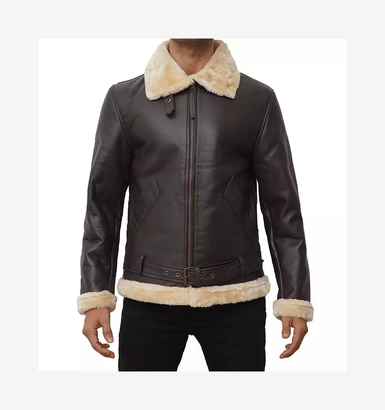 Mens Dark Brown Shearling Leather Bomber Jacket