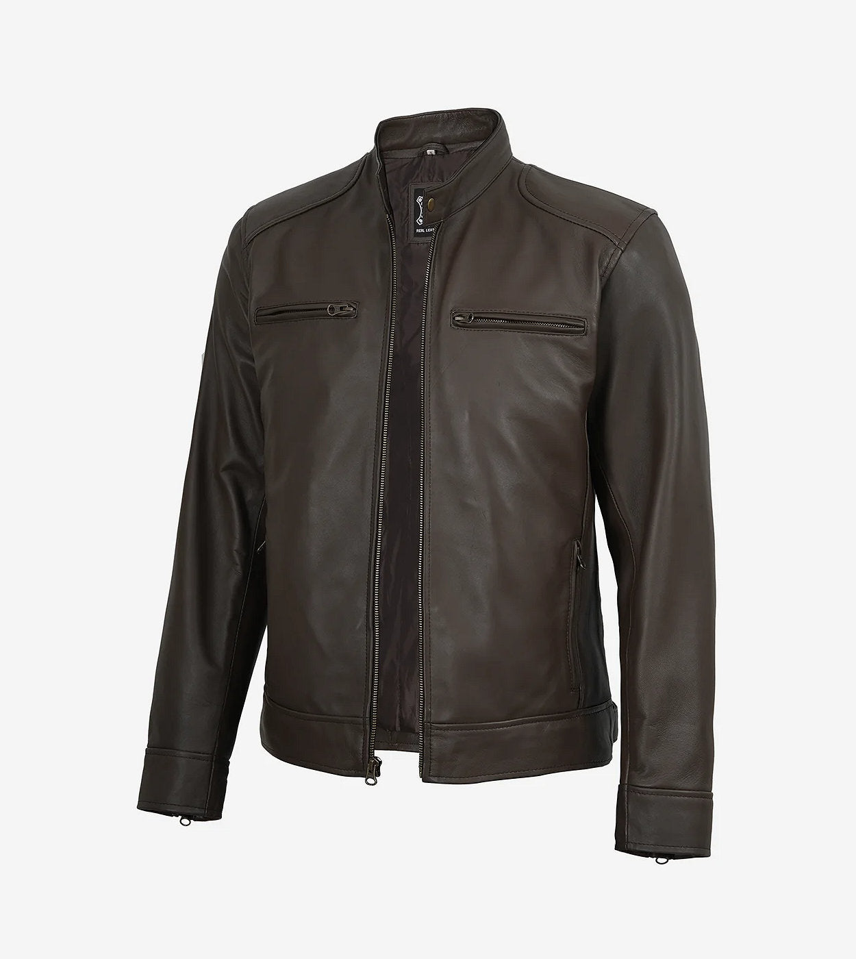 Mens Espresso Brown Real Leather Biker Style Jacket