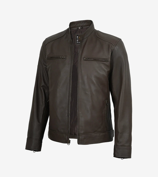 Mens Espresso Brown Real Leather Biker Style Jacket