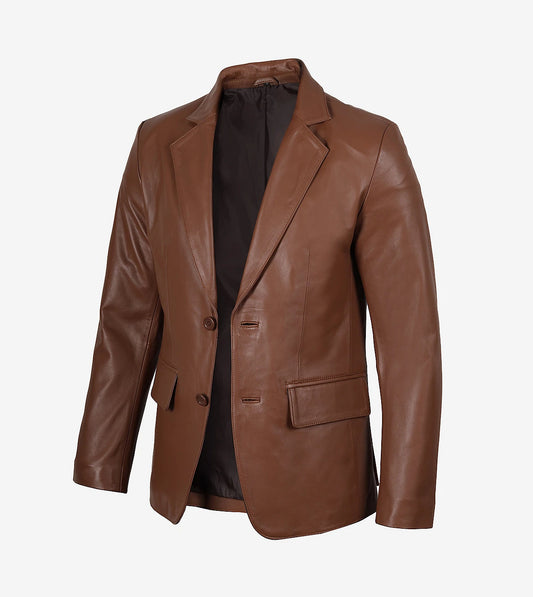 Mens Exclusive Two Button Real Leather Cognac Blazer