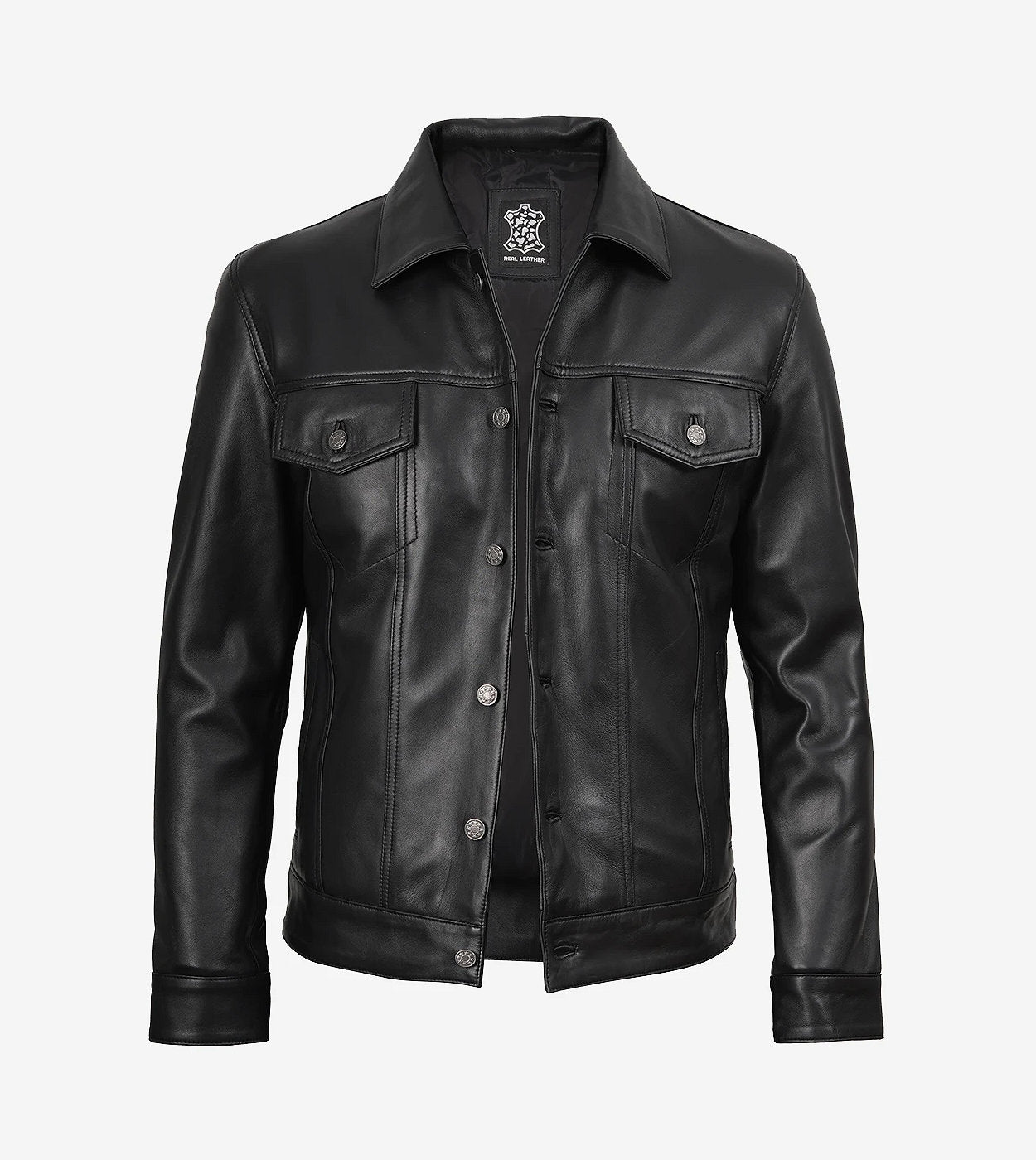 Mens Four Pockets Black Leather Trucker Jacket