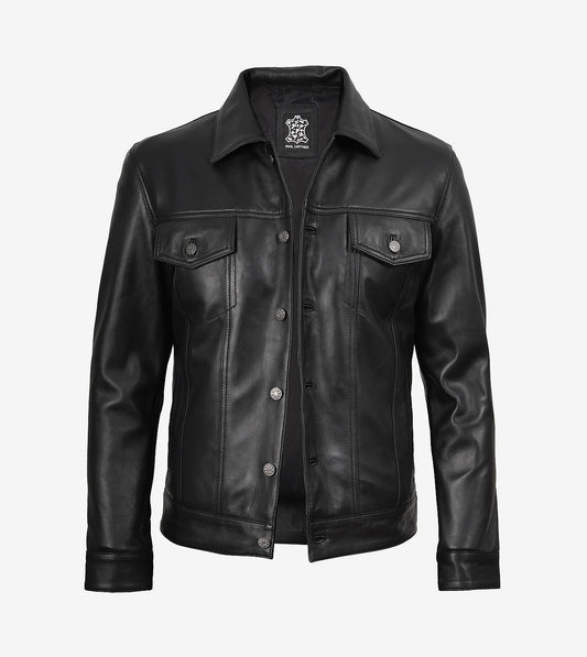Mens Four Pockets Black Leather Trucker Jacket