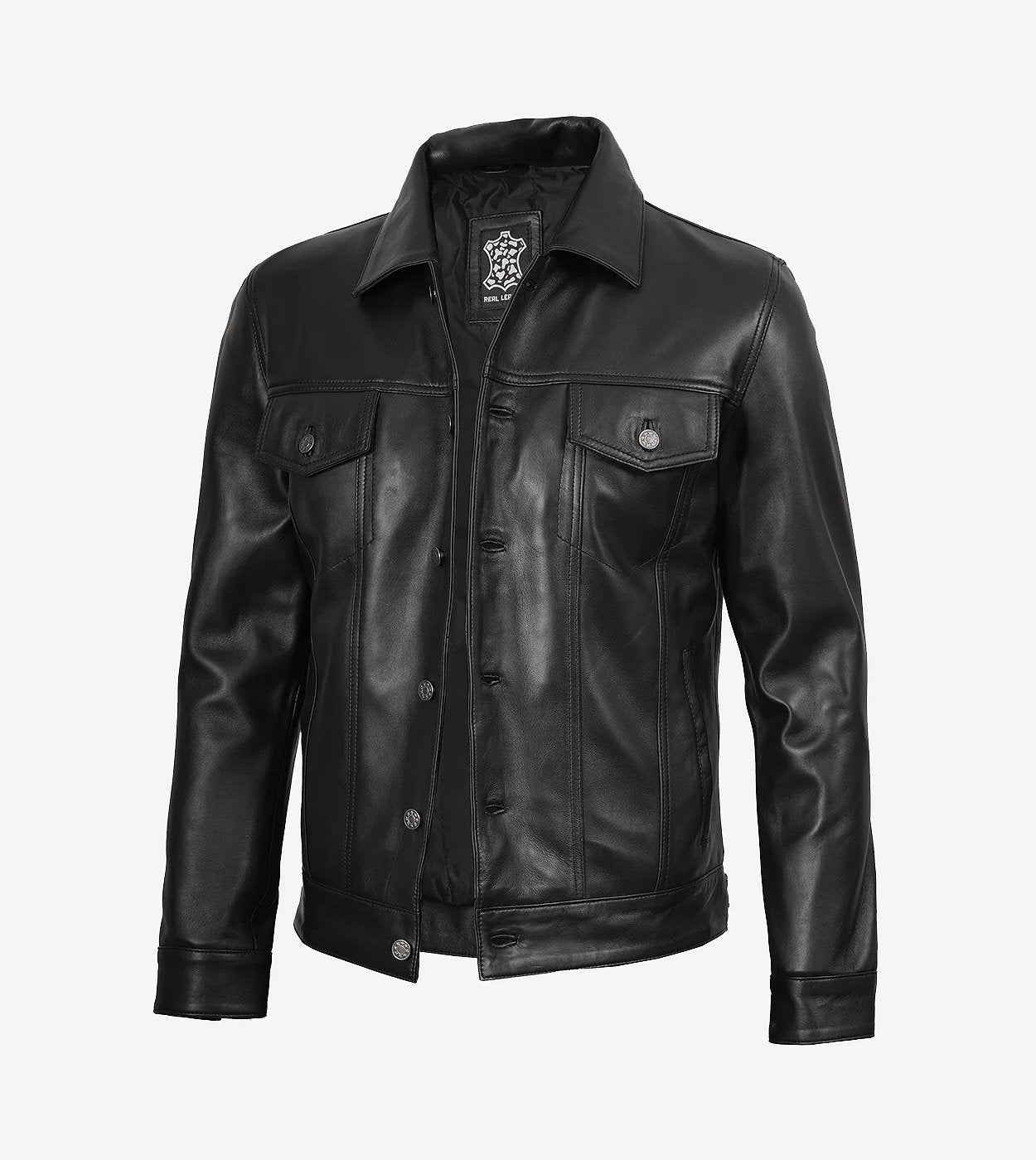 Mens Four Pockets Black Leather Trucker Jacket