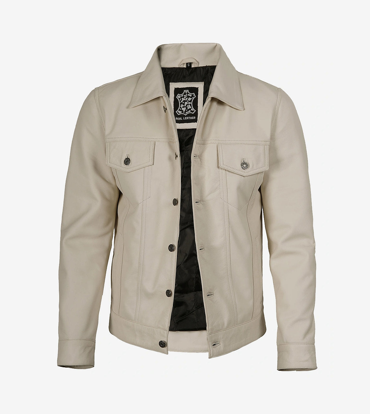 Mens Four Pockets Off White Leather Trucker Jacket