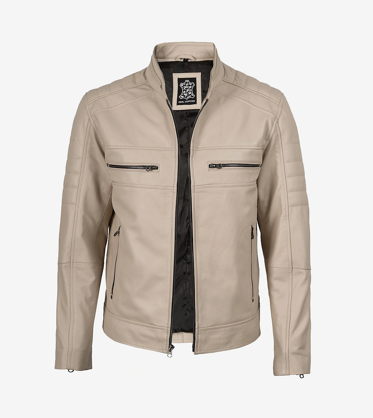 Mens Mandarin Collar Beige Cafe Racer Leather Jacket