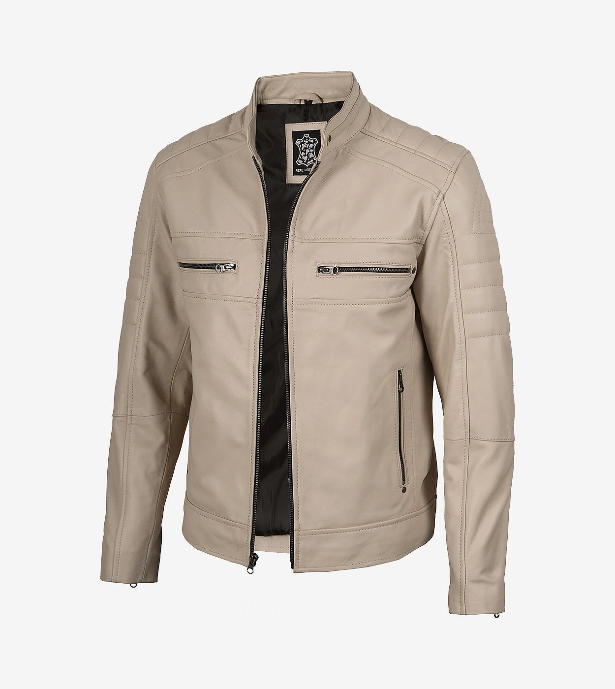 Mens Mandarin Collar Beige Cafe Racer Leather Jacket