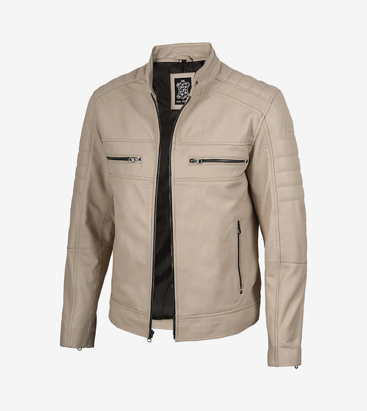 Mens Mandarin Collar Beige Cafe Racer Leather Jacket