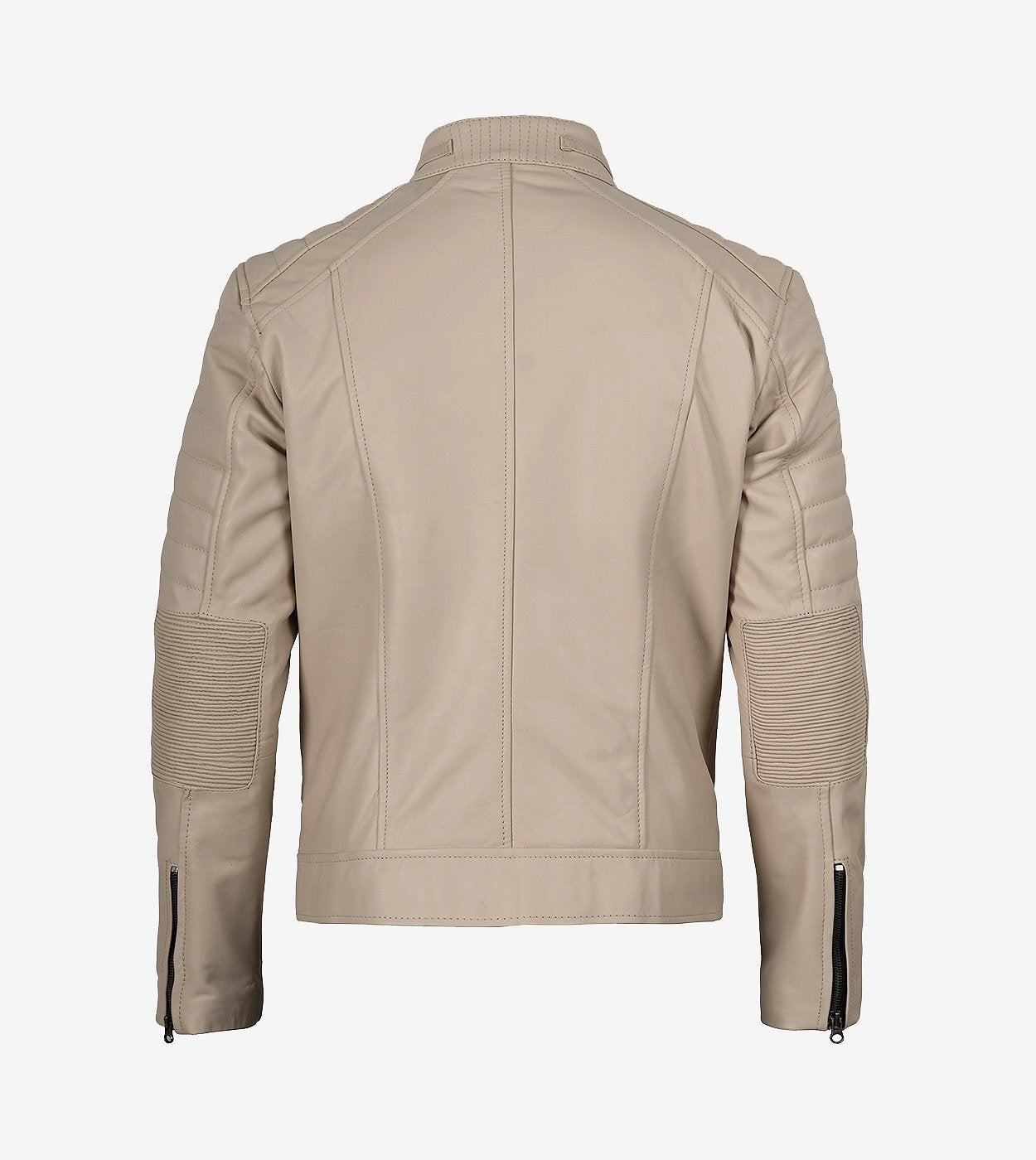 Mens Mandarin Collar Beige Cafe Racer Leather Jacket