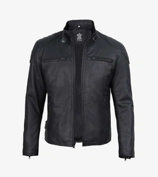 Mens Matte Black Leather Cafe Racer Jacket