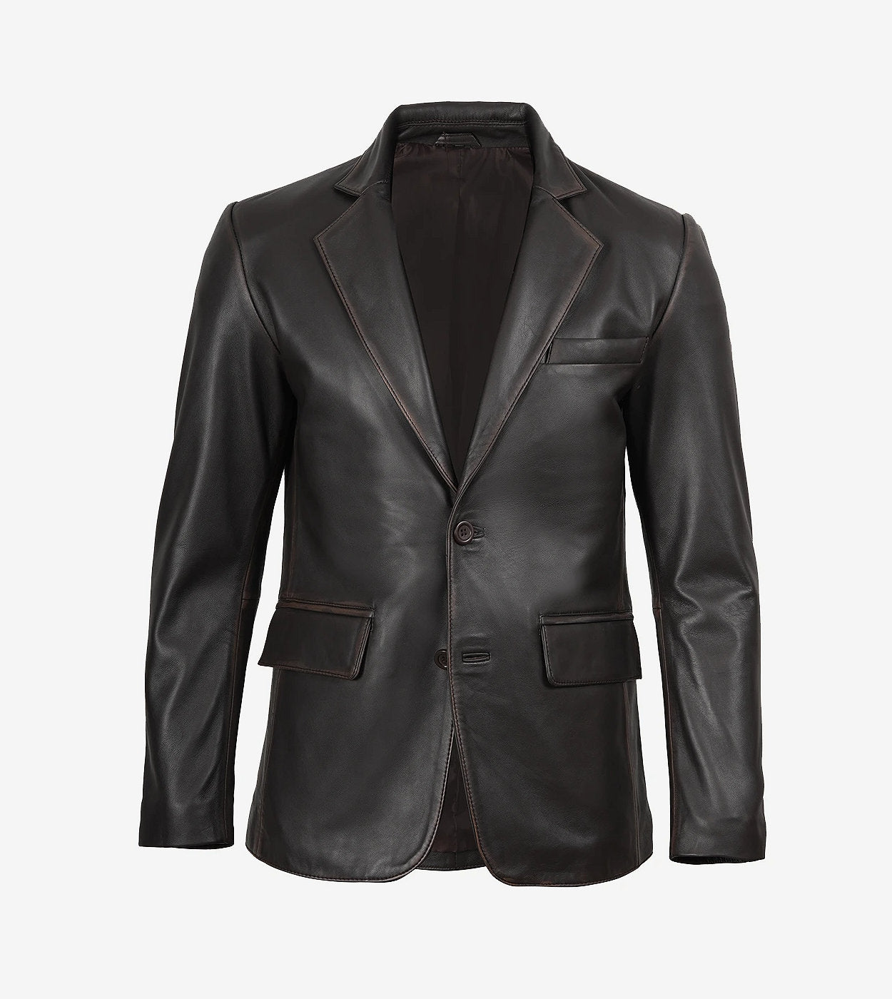 Mens Notch Lapel Distressed Brown Leather Blazer - Two Button
