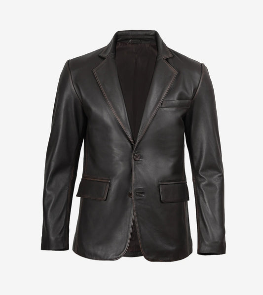 Mens Notch Lapel Distressed Brown Leather Blazer - Two Button