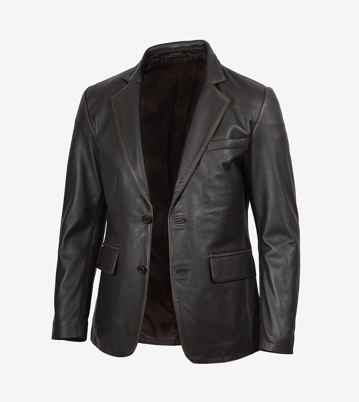 Mens Notch Lapel Distressed Brown Leather Blazer - Two Button
