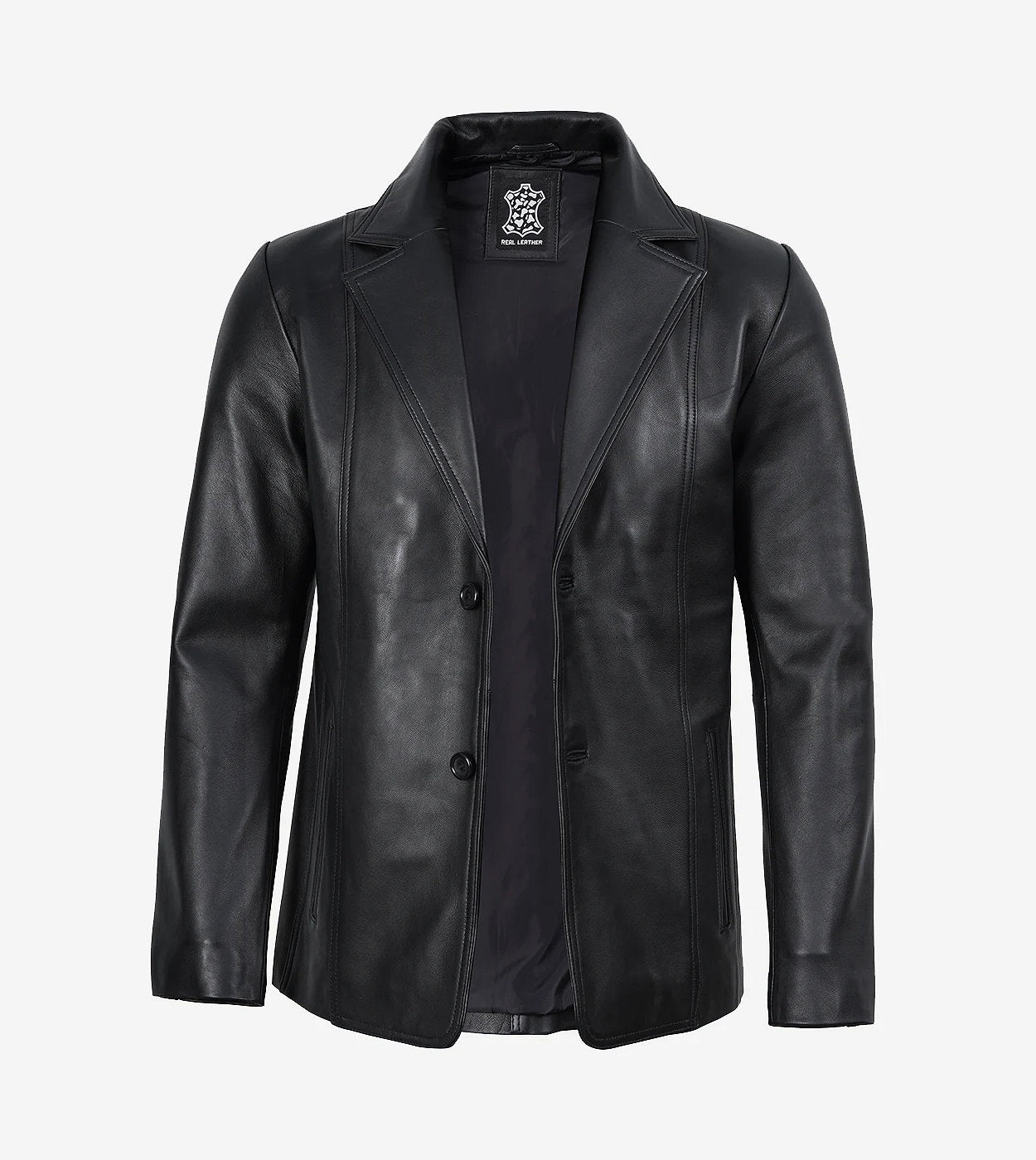 Mens Notch Lapel Two Button Black Leather Blazer