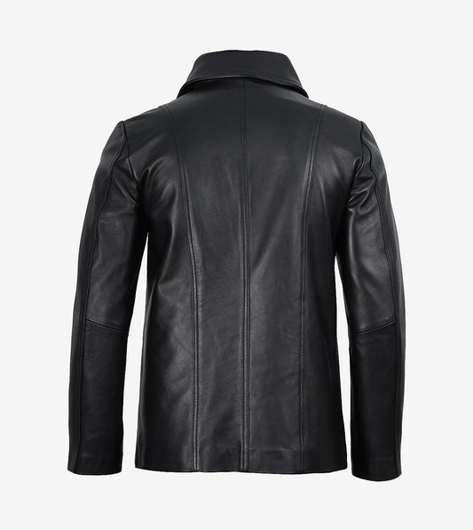 Mens Notch Lapel Two Button Black Leather Blazer