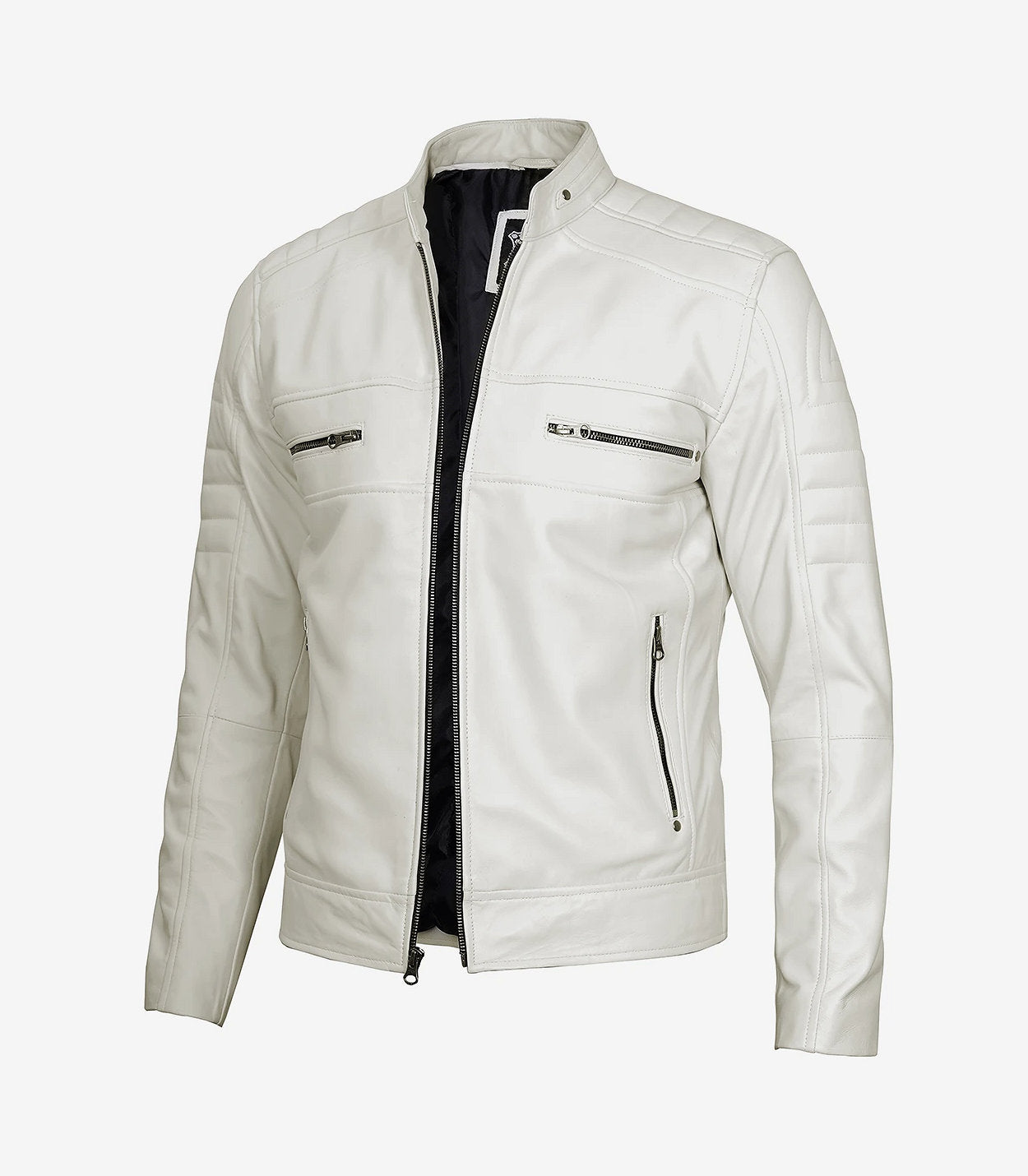 Mens Off White Cafe Racer Leather Jacket