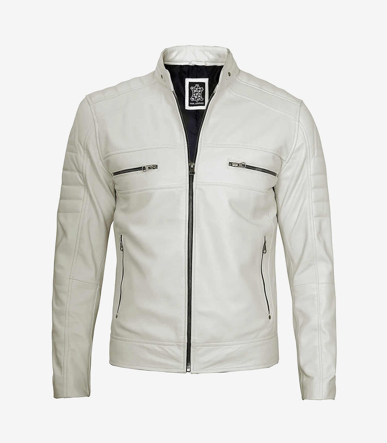Mens Off White Cafe Racer Leather Jacket