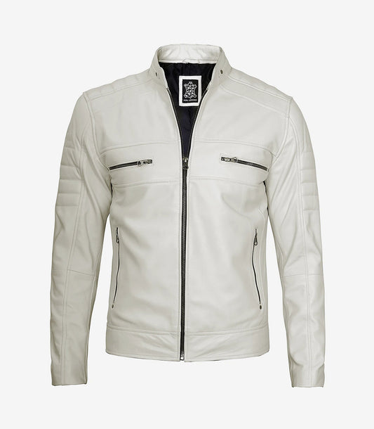 Mens Off White Cafe Racer Leather Jacket