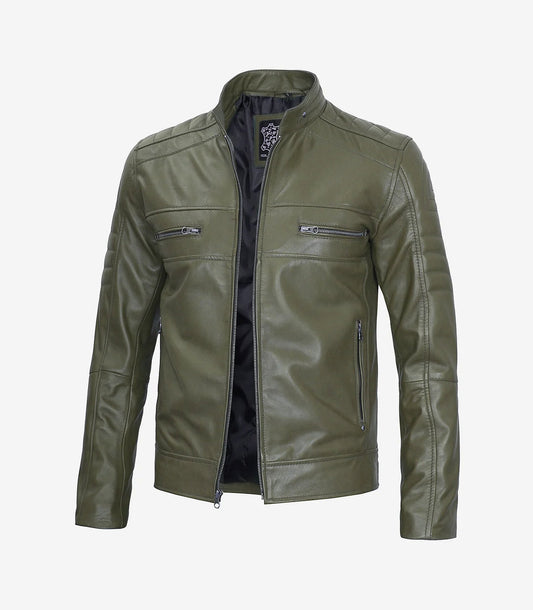 Mens Olive Green Cafe Racer Leather Jacket