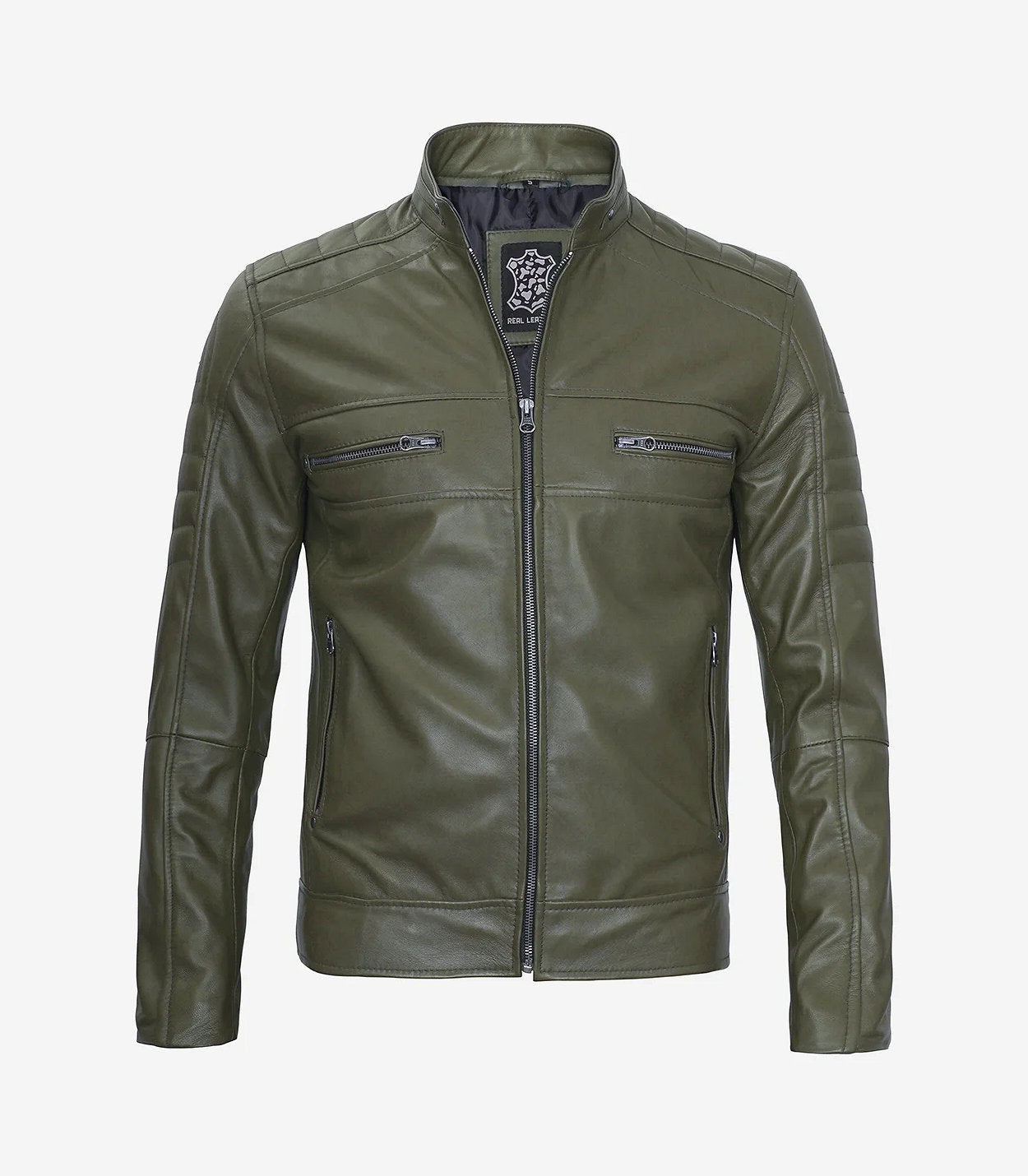 Mens Olive Green Cafe Racer Leather Jacket