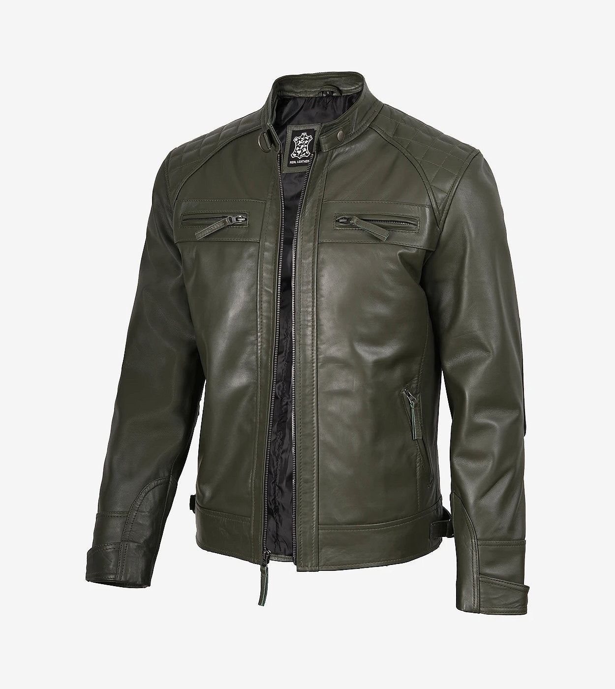 Mens Quilted Shoulder Olive Green Cafe Racer Leather Jacket