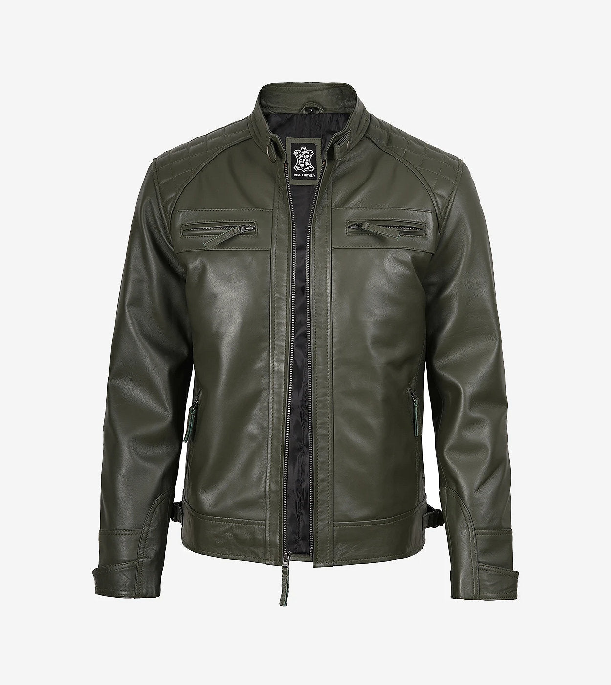 Mens Quilted Shoulder Olive Green Cafe Racer Leather Jacket