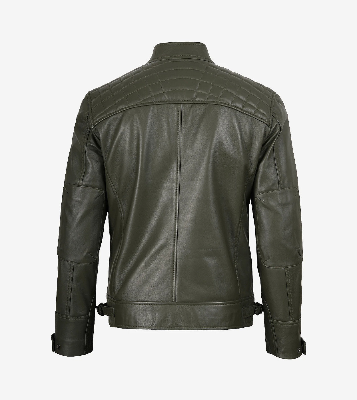 Mens Quilted Shoulder Olive Green Cafe Racer Leather Jacket