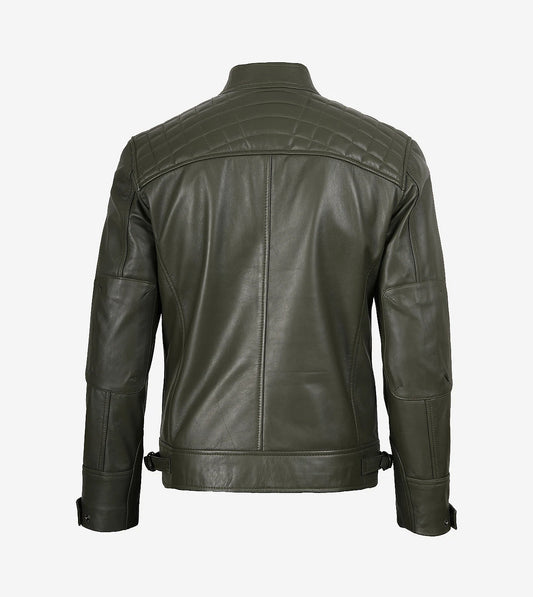 Mens Quilted Shoulder Olive Green Cafe Racer Leather Jacket