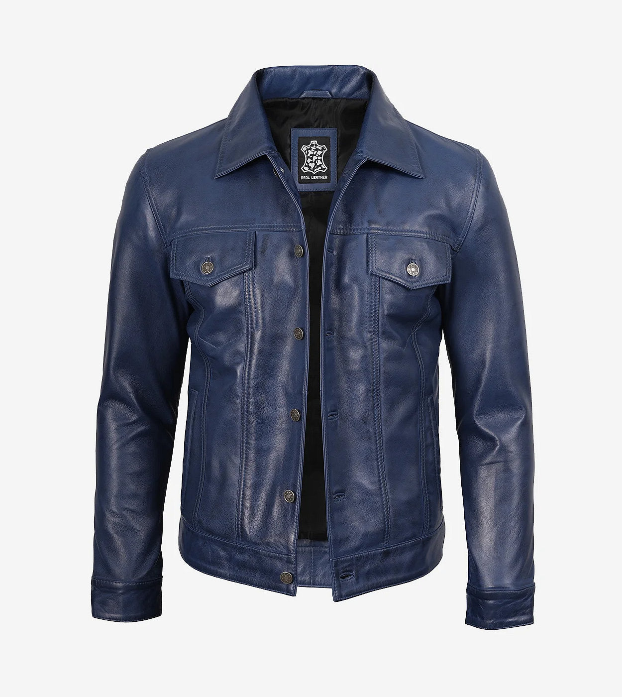Mens Real Lambskin Leather Blue Waxed Trucker Jacket