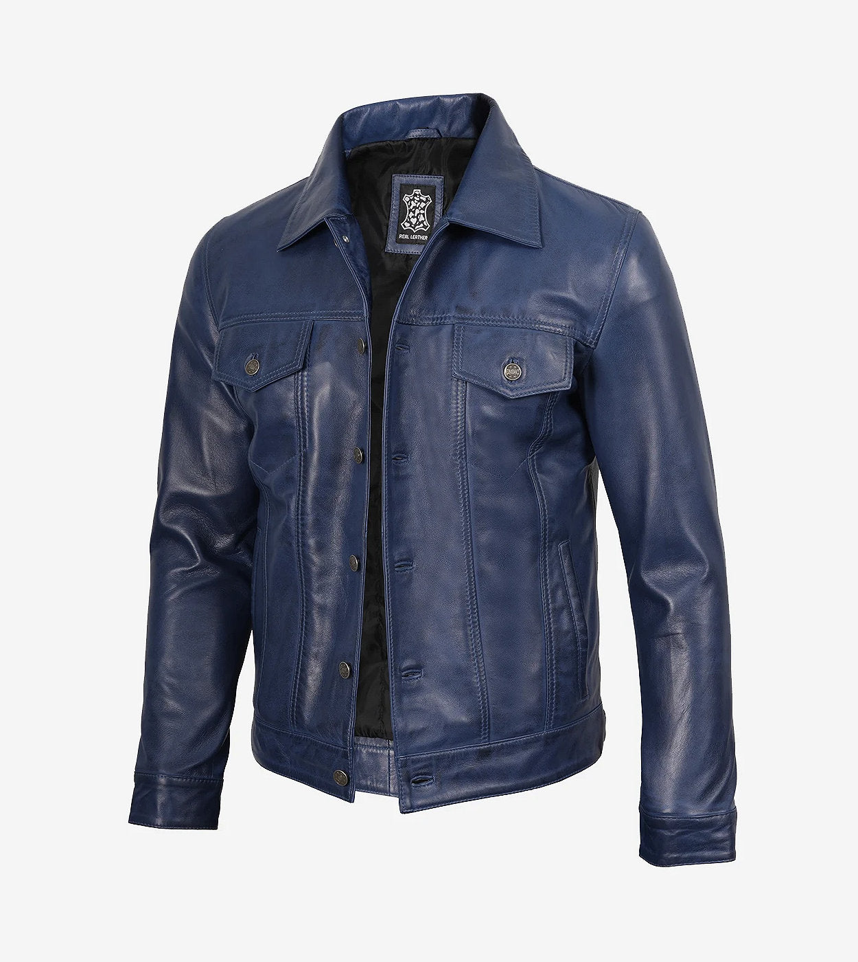 Mens Real Lambskin Leather Blue Waxed Trucker Jacket
