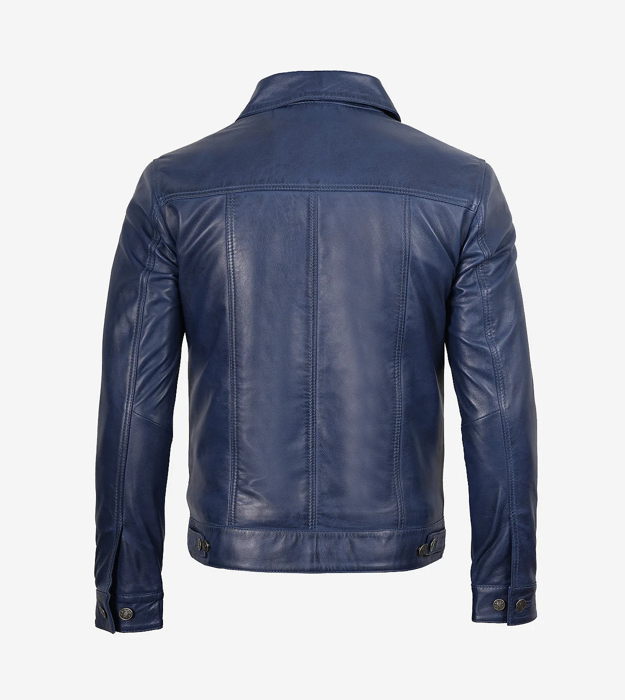 Mens Real Lambskin Leather Blue Waxed Trucker Jacket