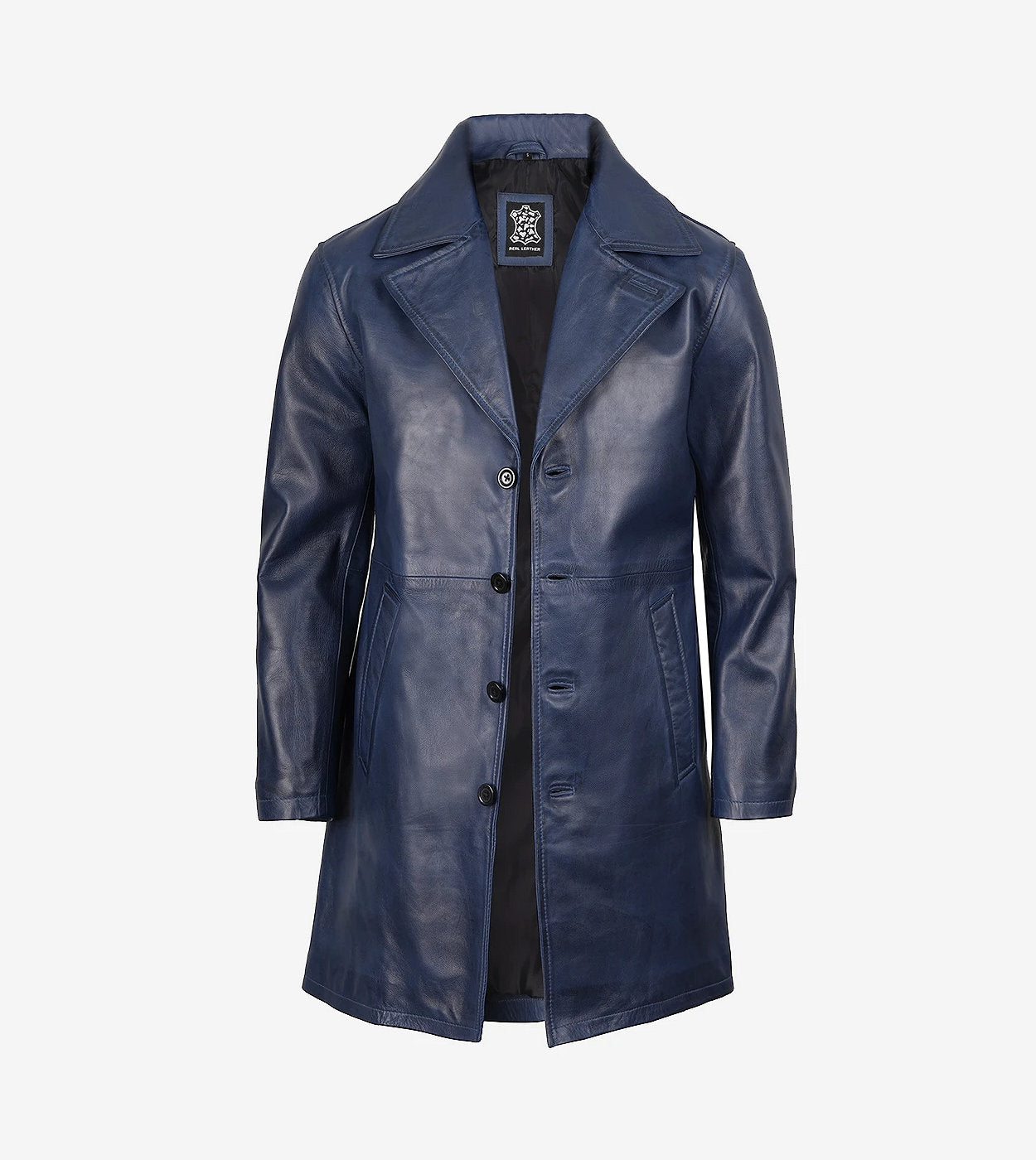 Mens Real Leather 3/4 Length Blue Car Coat