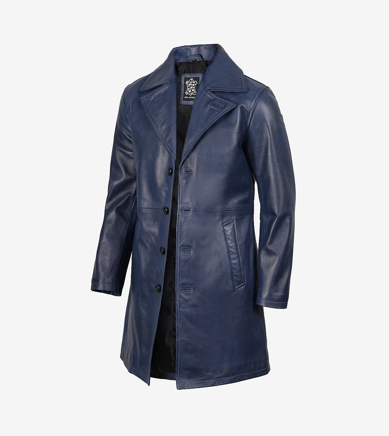 Mens Real Leather 3/4 Length Blue Car Coat