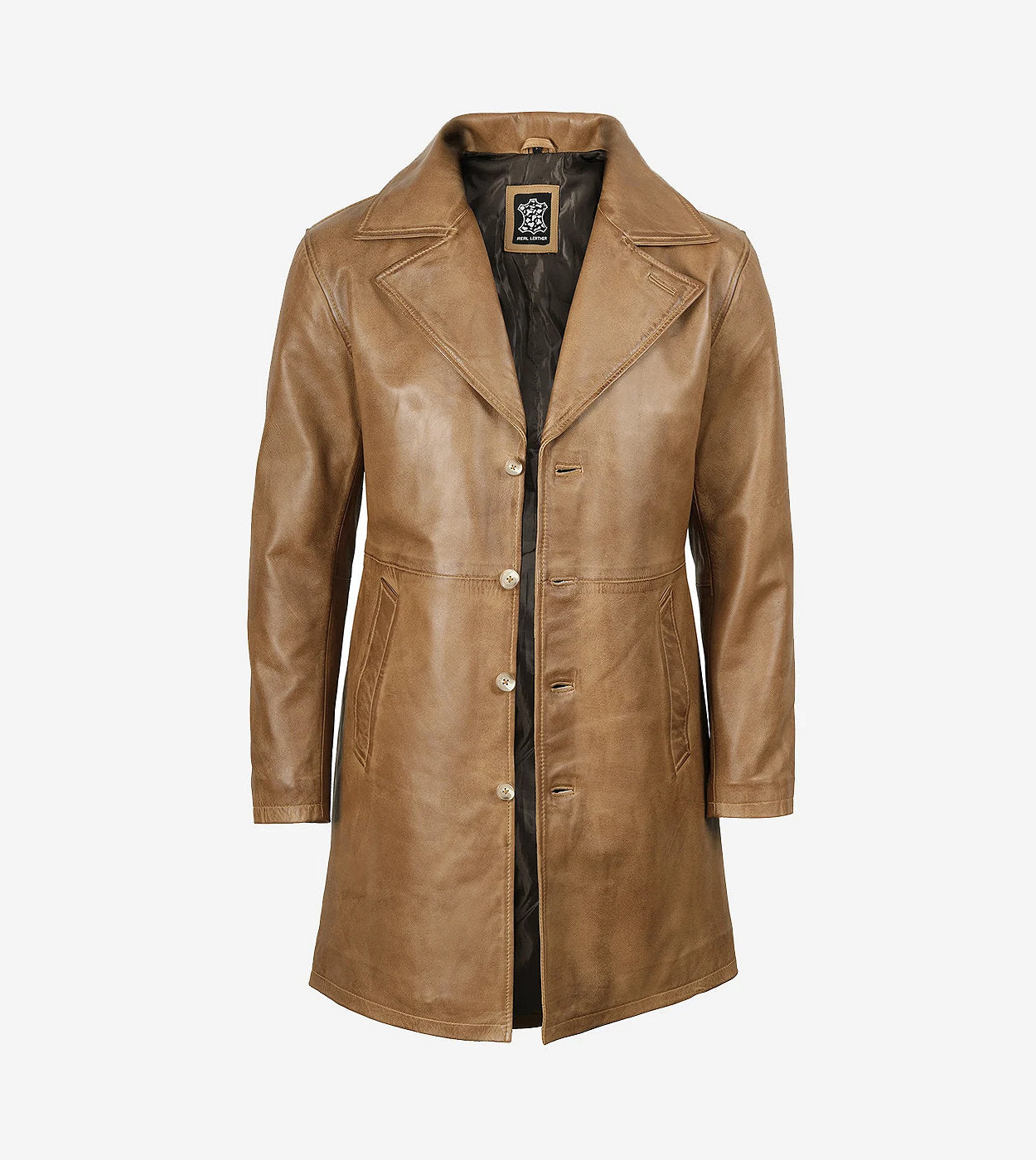 Mens Real Leather 3/4 Length Camel Brown Coat