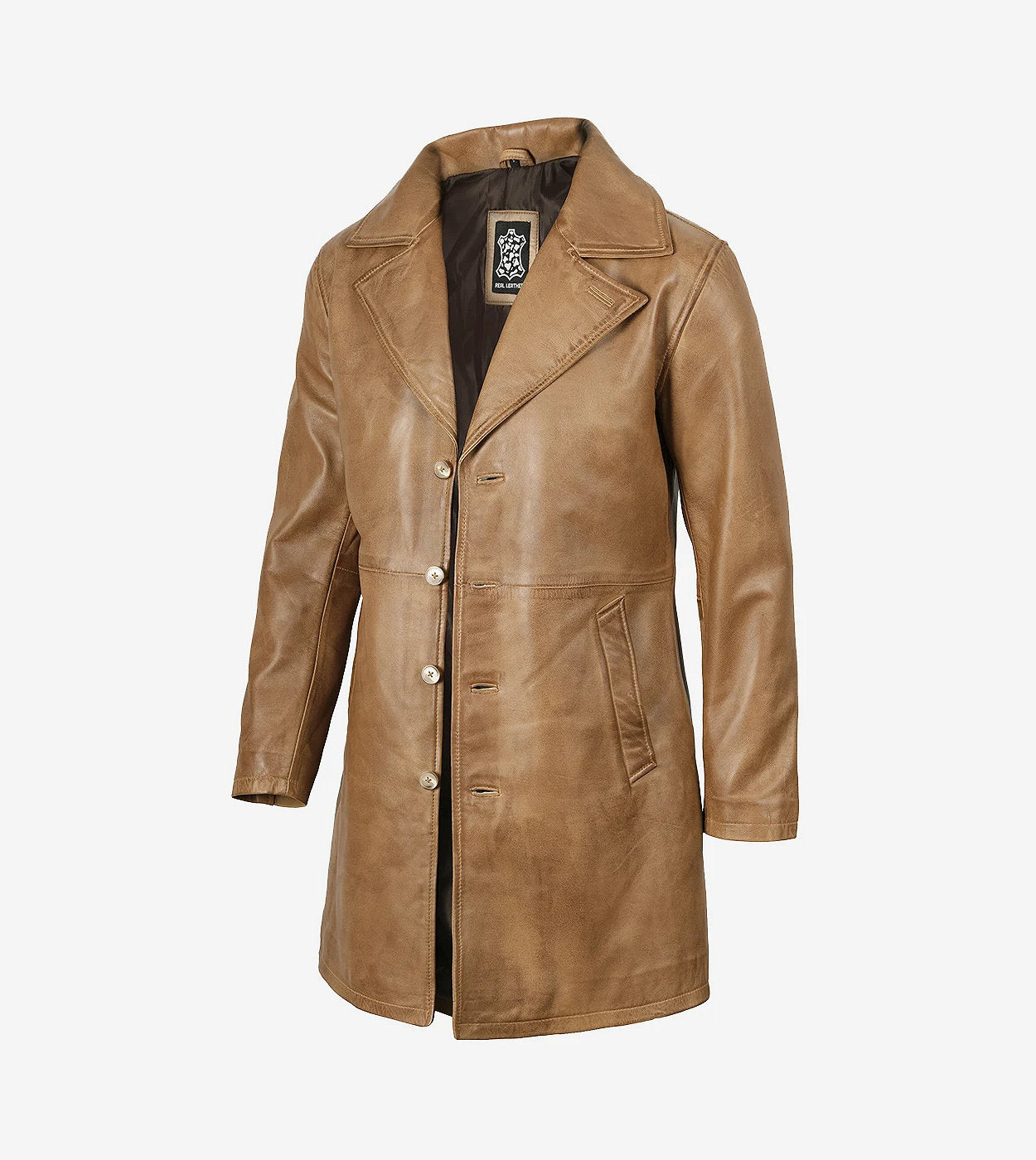 Mens Real Leather 3/4 Length Camel Brown Coat