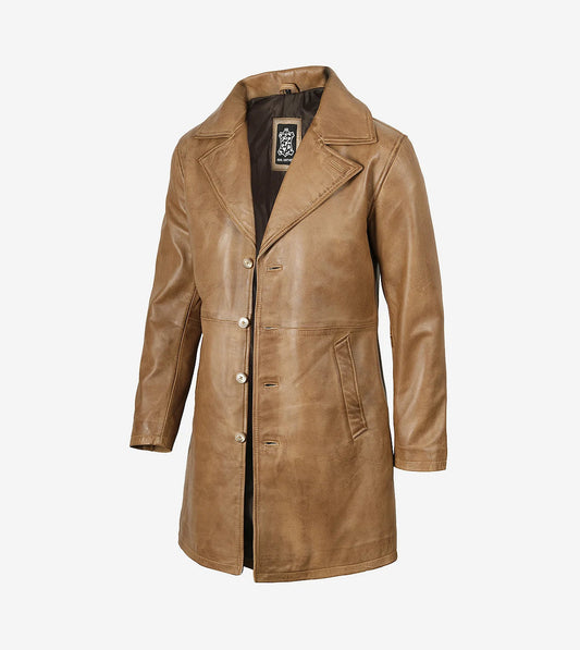 Mens Real Leather 3/4 Length Camel Brown Coat