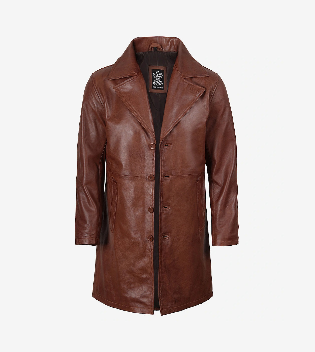 Mens Real Leather 3/4 Length Cognac Coat