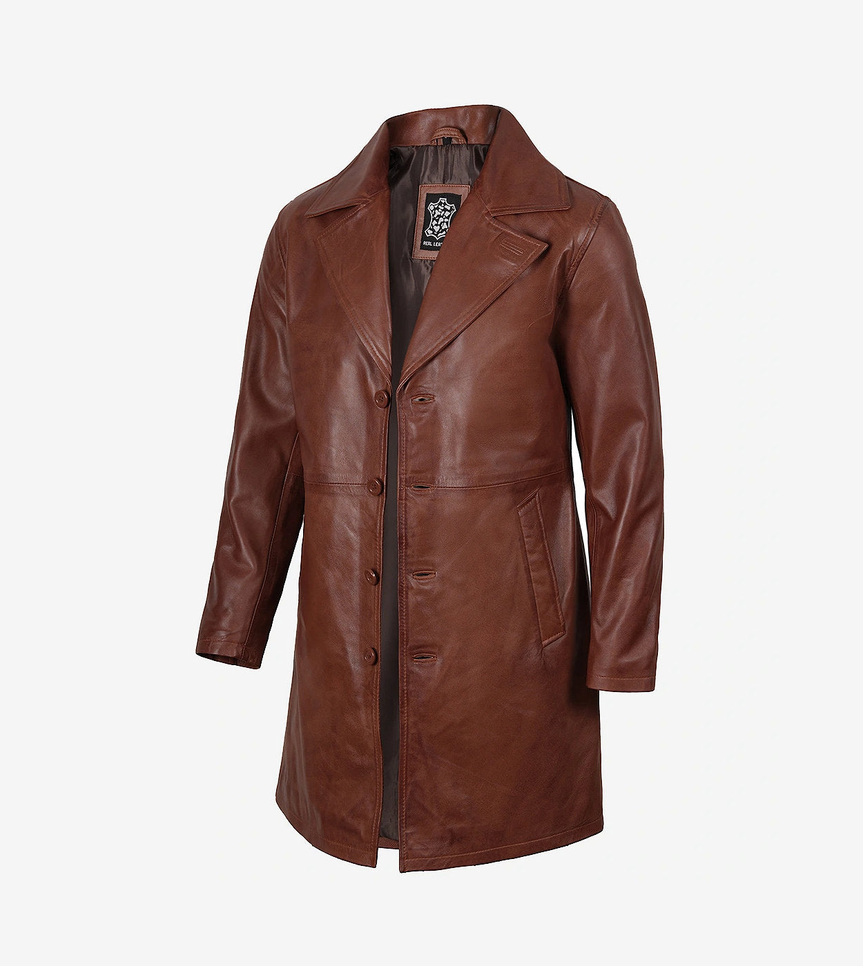 Mens Real Leather 3/4 Length Cognac Coat
