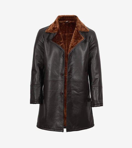 Mens Real Leather 3/4 Length Dark Brown Shearling Coat
