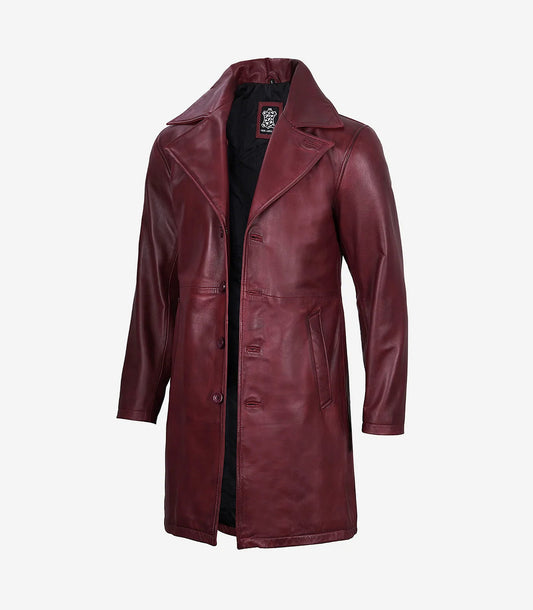 Mens Real Leather 3/4 Length Maroon Coat - Button Down