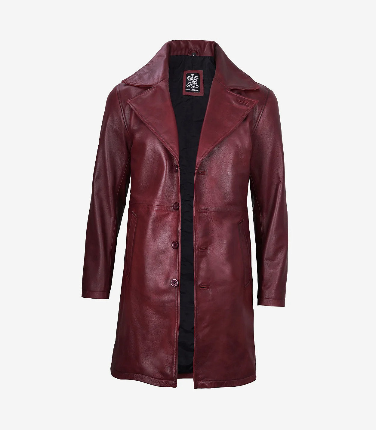 Mens Real Leather 3/4 Length Maroon Coat - Button Down