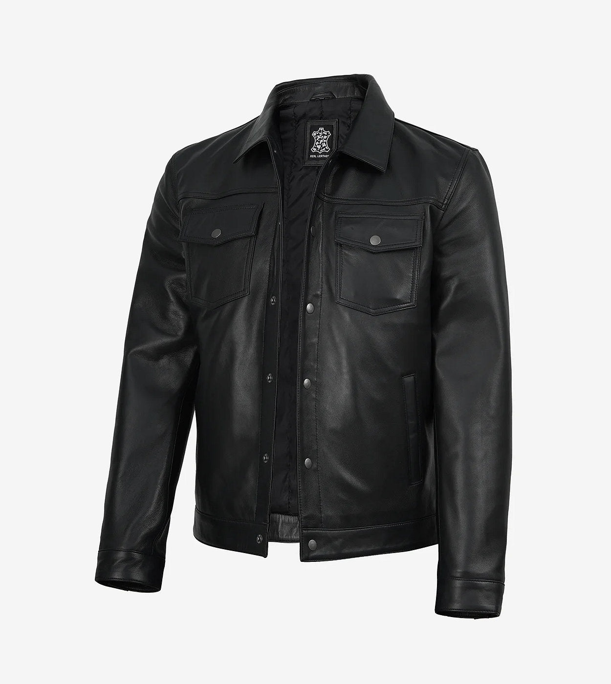 Mens Real Leather Black Trucker Jacket