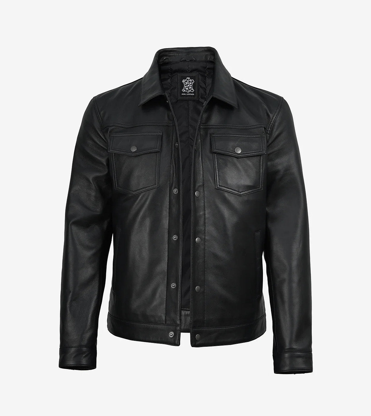 Mens Real Leather Black Trucker Jacket