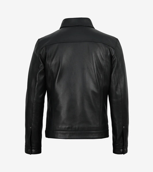 Mens Real Leather Black Trucker Jacket