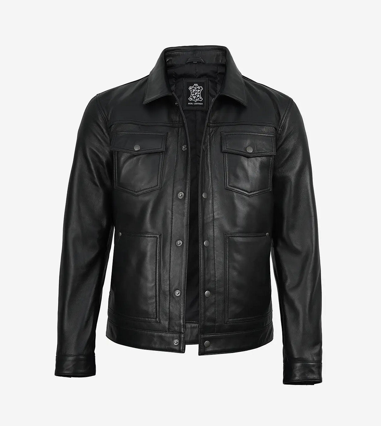Mens Real Leather Black Utility Jacket - Trucker Style