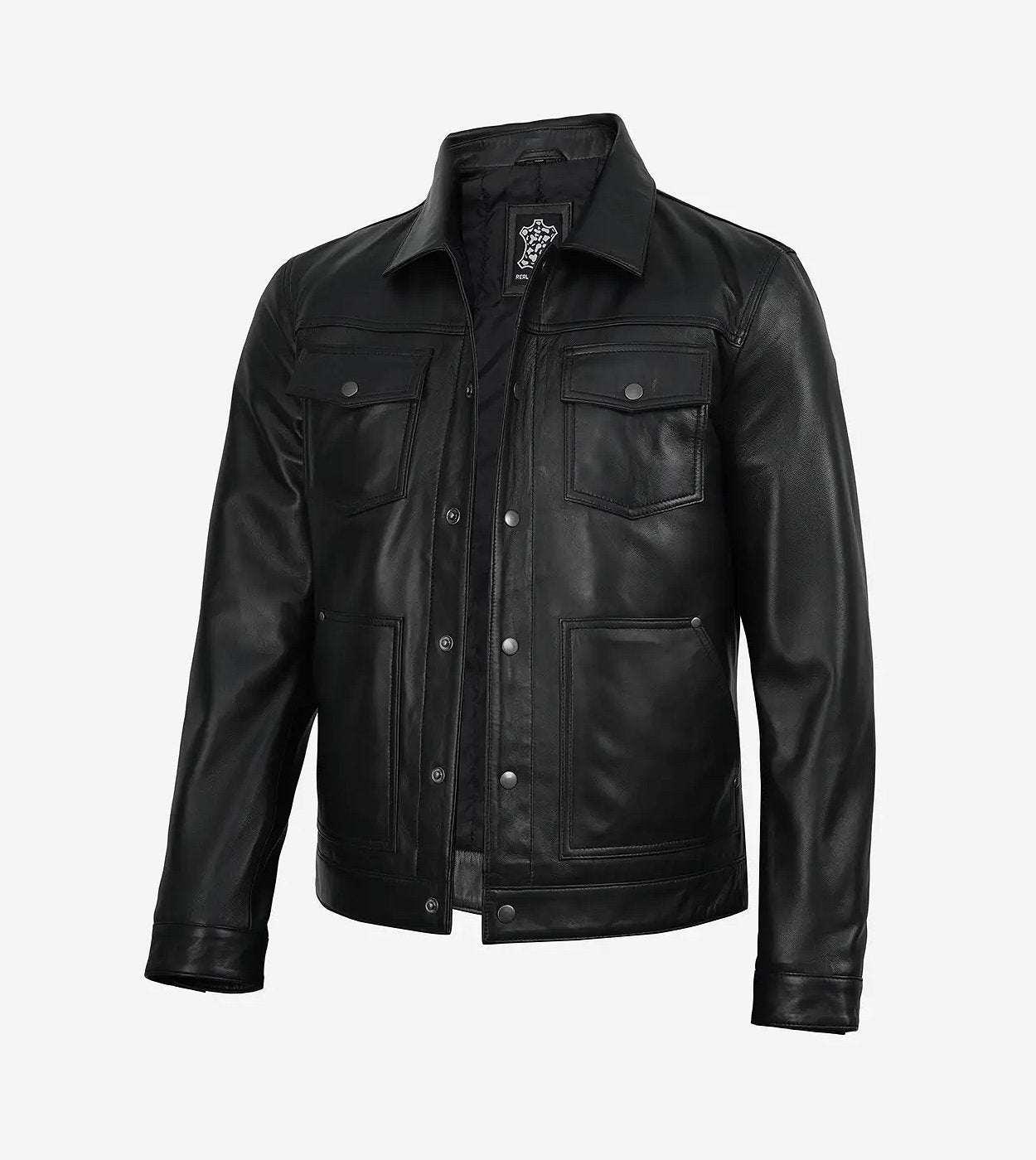 Mens Real Leather Black Utility Jacket - Trucker Style